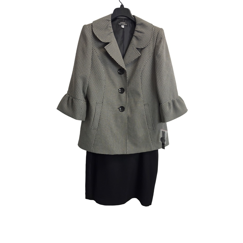 NEW Giorgio Sant'Angelo Women Size 14 Black Ivory Skirt Suit Set Ruffle Collar
